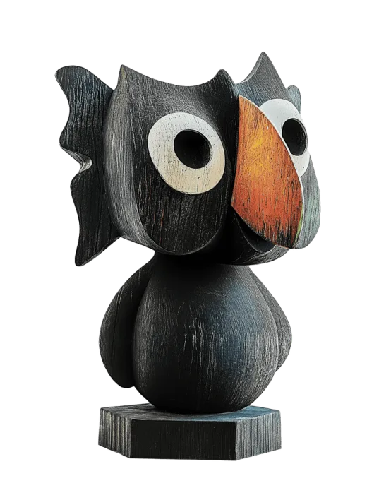 A small black owl-like creative character sculpture